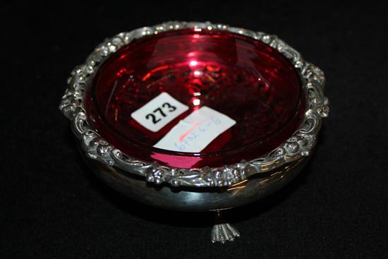 Tripod silver dish, ruby glass liner